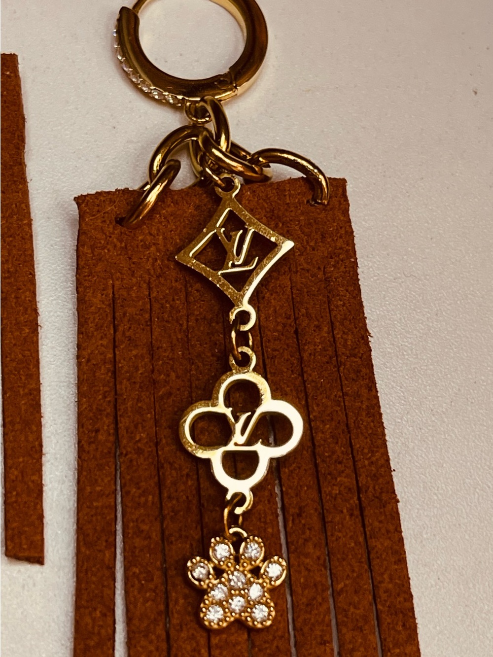Gold & Tan Fringe Drop Earrings with Crystal Flower Charms - Picture 2 of 7